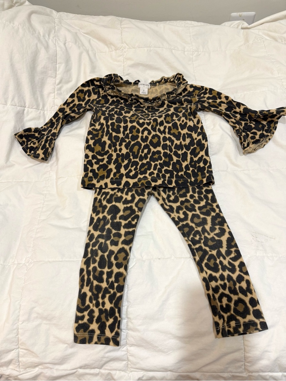 Crewcuts Leopard Print Ruffle Top & Leggings Set - Tan Black
